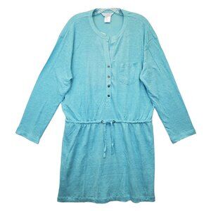 THE COMPANY STORE Shirt Dress L Blue Linen  Henley NWT